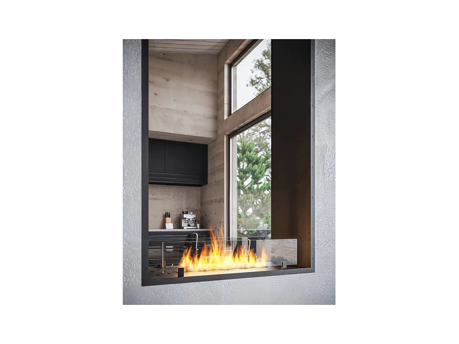 Cheminée bioéthanol 2Side 1600 Slim Vert encastrable à deux façades - Noir mat, avec vitre, brûleur 1,2 L, design moderne