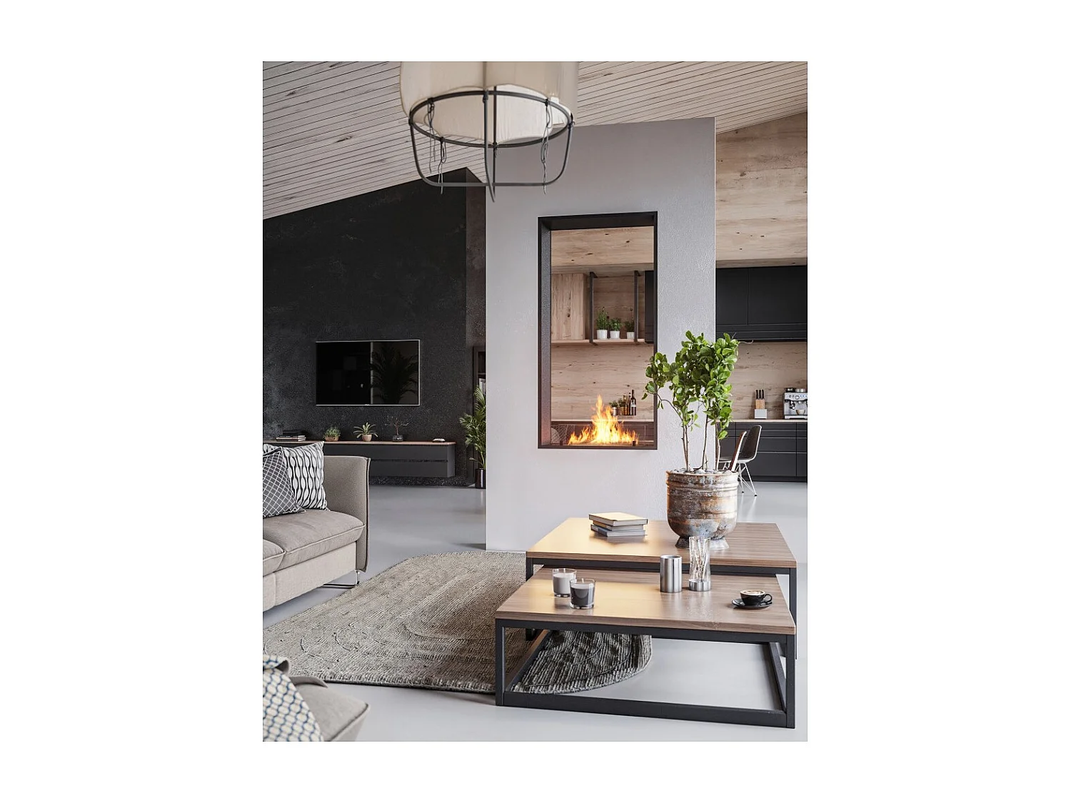 Cheminée bioéthanol 2Side 1600 Slim Vert encastrable à deux façades - Noir mat, avec vitre, brûleur 1,2 L, design moderne