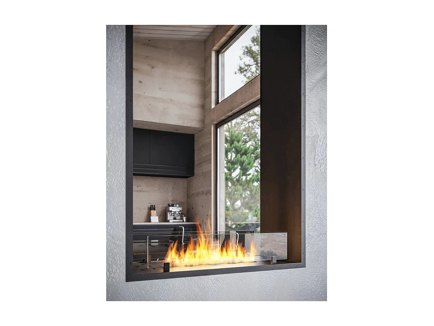 Cheminée bioéthanol 2Side 1600 Slim Vert encastrable à deux façades - Noir mat, avec vitre, brûleur 1,2 L, design moderne