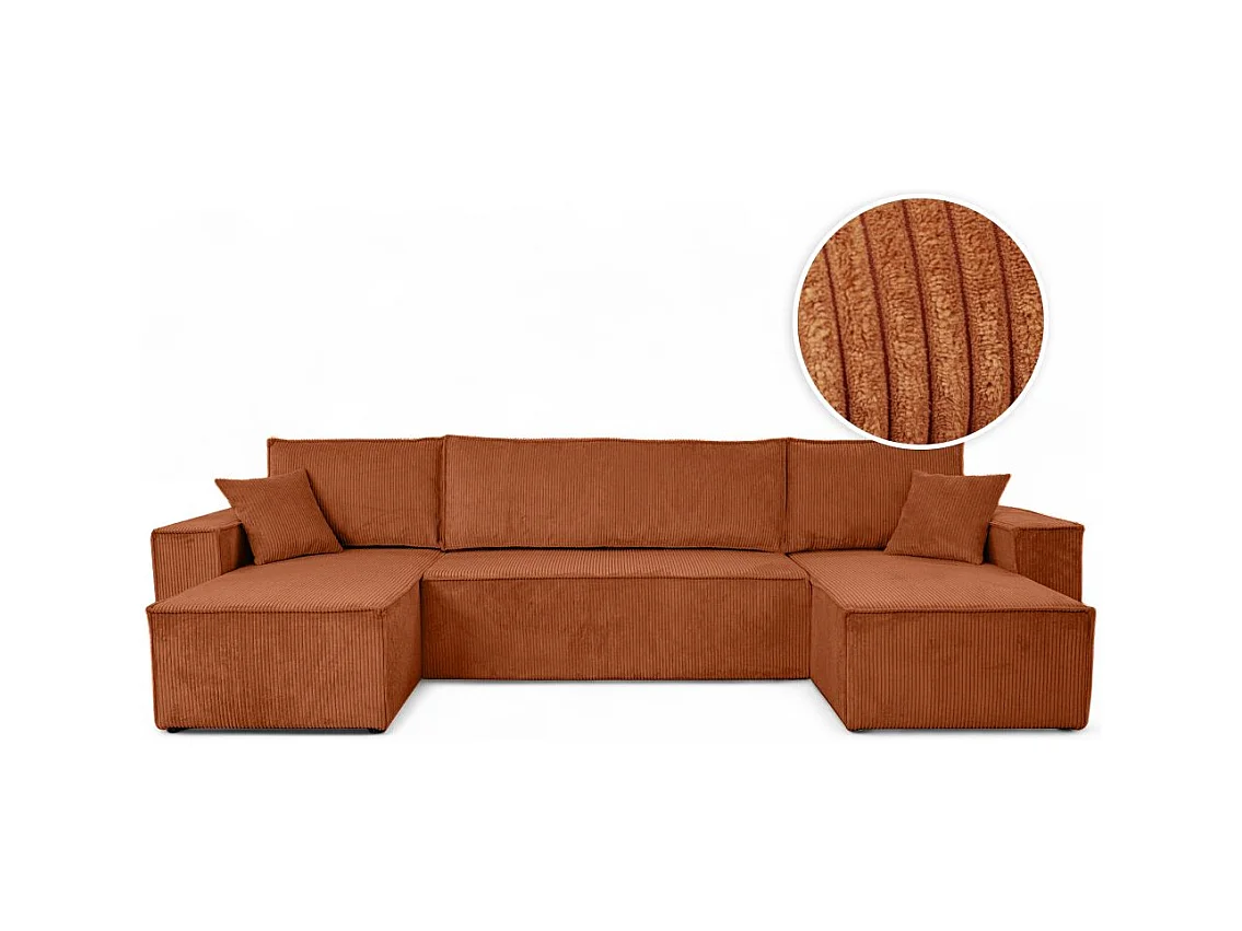 Canapé d'angle FARAH panoramique convertible 6 places en velours côtelé - Terracotta