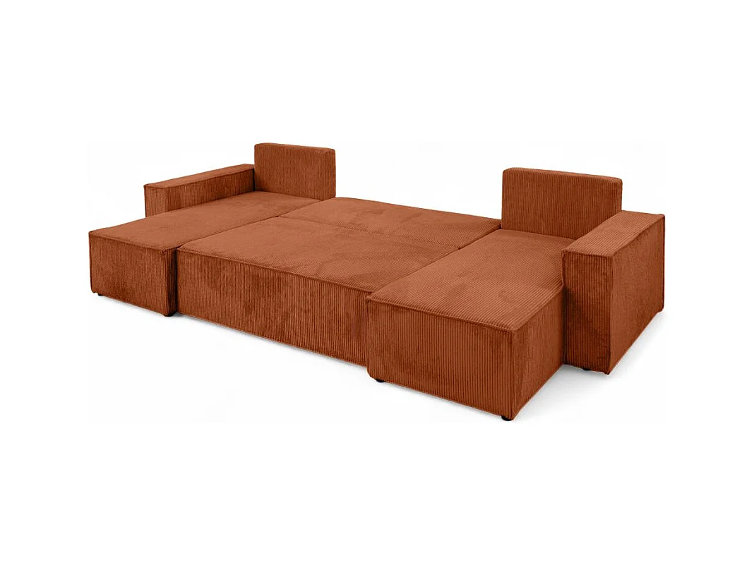 Canapé d'angle FARAH panoramique convertible 6 places en velours côtelé - Terracotta