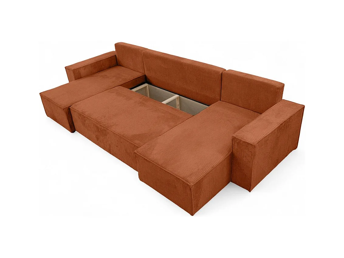 Canapé d'angle FARAH panoramique convertible 6 places en velours côtelé - Terracotta