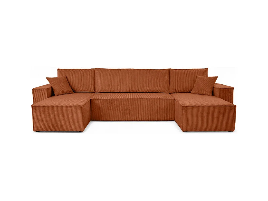 Canapé d'angle FARAH panoramique convertible 6 places en velours côtelé - Terracotta