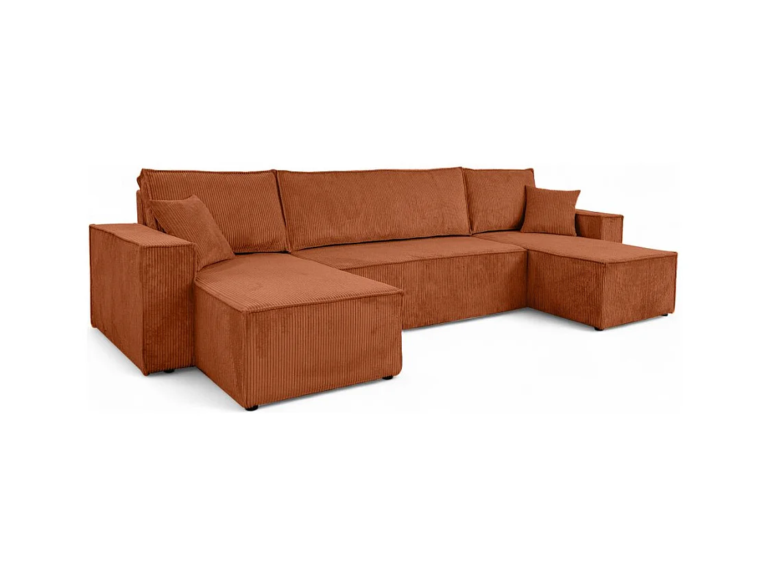 Canapé d'angle FARAH panoramique convertible 6 places en velours côtelé - Terracotta