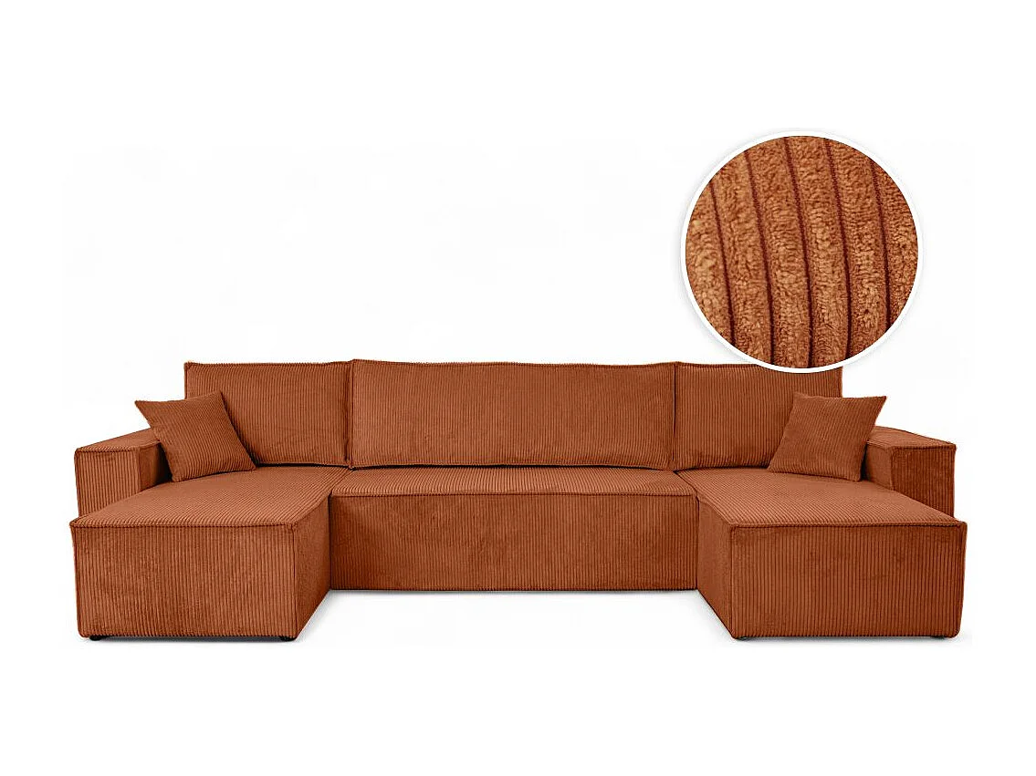 Canapé d'angle FARAH panoramique convertible 6 places en velours côtelé - Terracotta