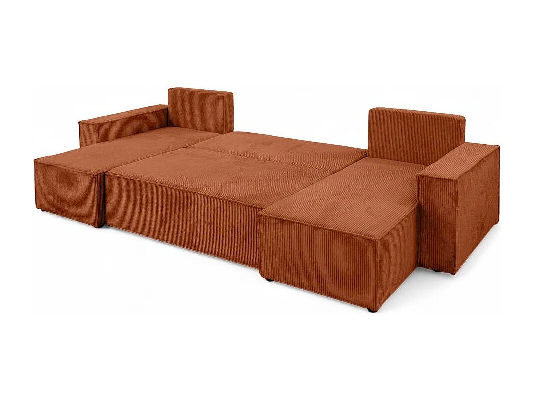 Canapé d'angle FARAH panoramique convertible 6 places en velours côtelé - Terracotta