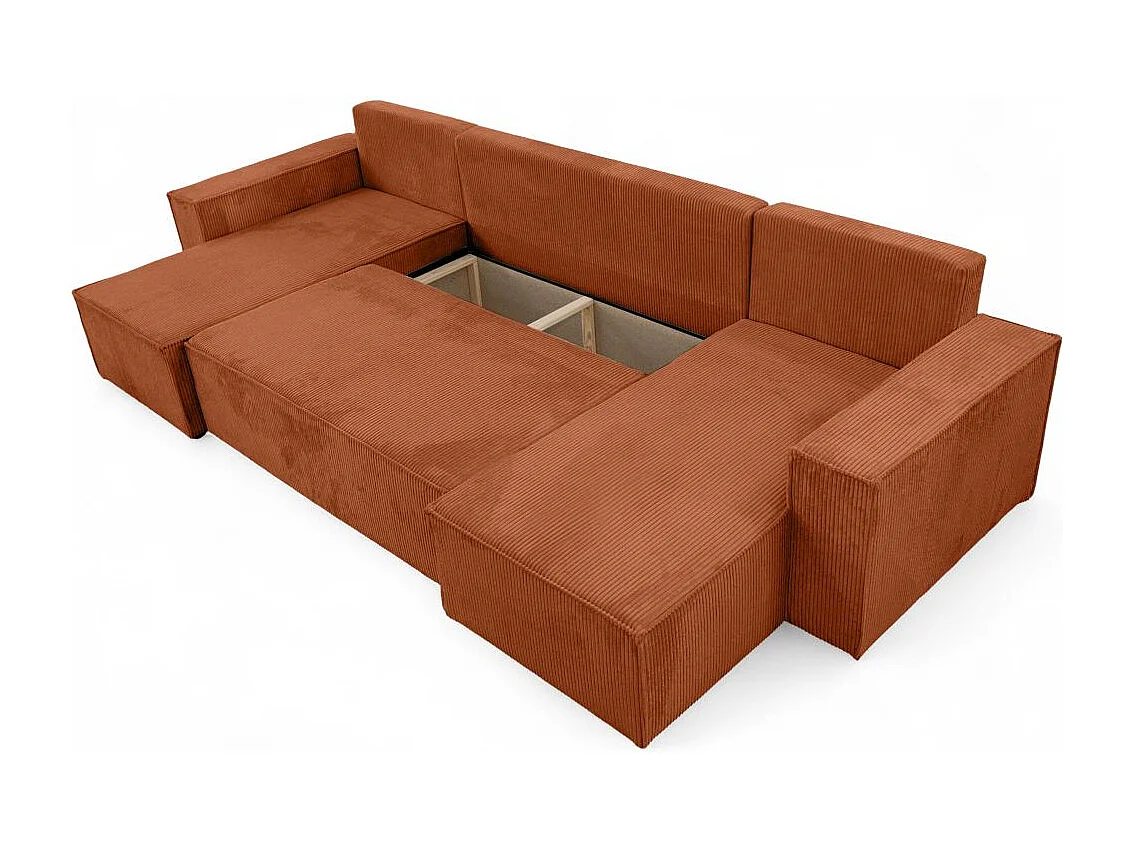 Canapé d'angle FARAH panoramique convertible 6 places en velours côtelé - Terracotta