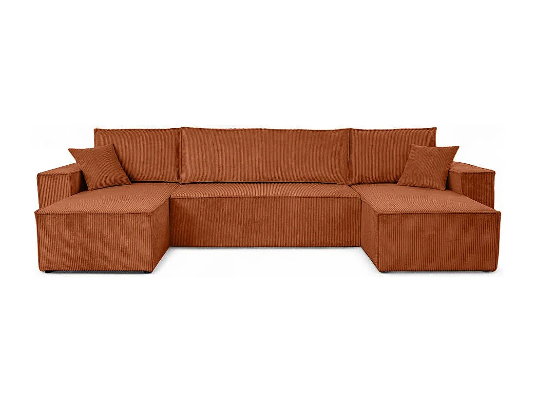 Canapé d'angle FARAH panoramique convertible 6 places en velours côtelé - Terracotta