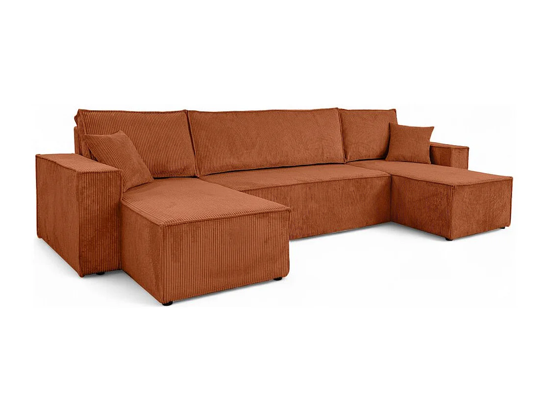 Canapé d'angle FARAH panoramique convertible 6 places en velours côtelé - Terracotta