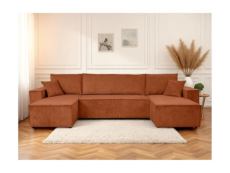 Canapé d'angle FARAH panoramique convertible 6 places en velours côtelé - Terracotta