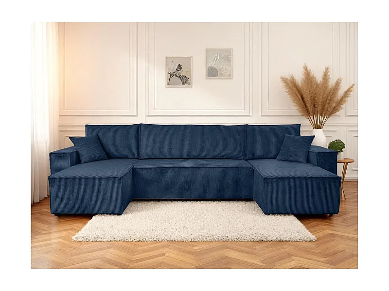 Canapé d'angle FARAH panoramique convertible 6 places en velours côtelé - Bleu foncé