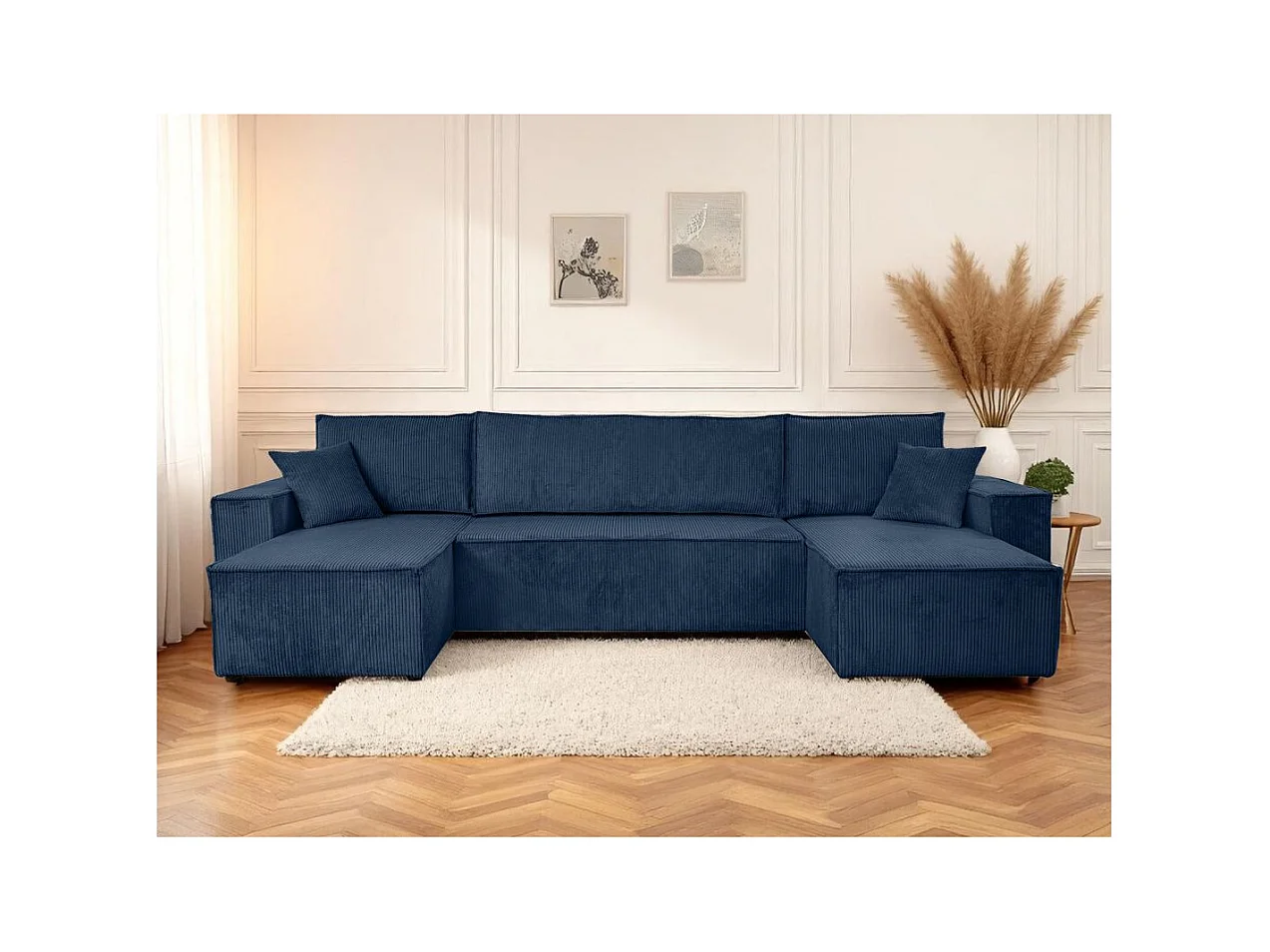 Canapé d'angle FARAH panoramique convertible 6 places en velours côtelé - Bleu foncé