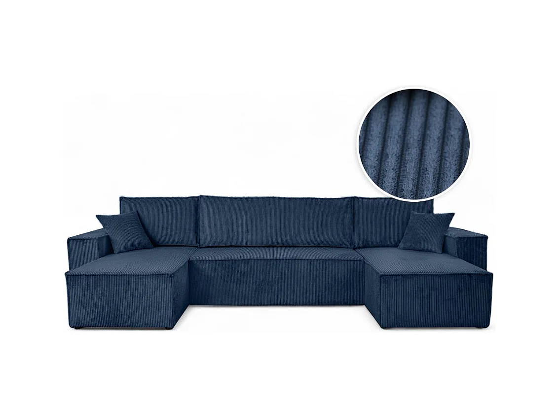 Canapé d'angle FARAH panoramique convertible 6 places en velours côtelé - Bleu foncé