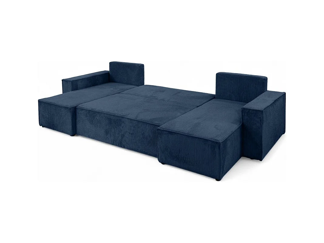 Canapé d'angle FARAH panoramique convertible 6 places en velours côtelé - Bleu foncé