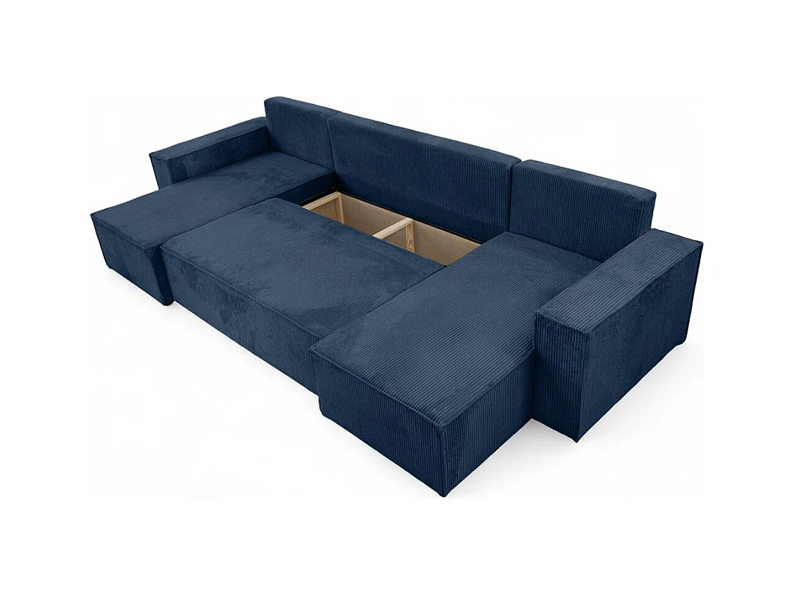 Canapé d'angle FARAH panoramique convertible 6 places en velours côtelé - Bleu foncé