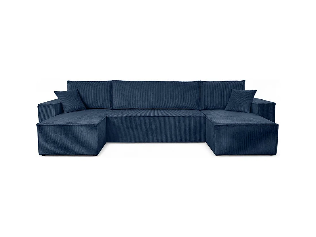 Canapé d'angle FARAH panoramique convertible 6 places en velours côtelé - Bleu foncé