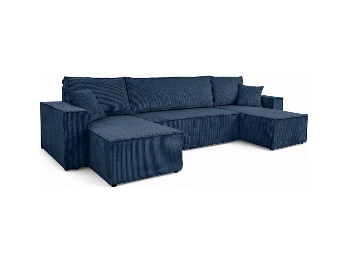 Canapé d'angle FARAH panoramique convertible 6 places en velours côtelé - Bleu foncé