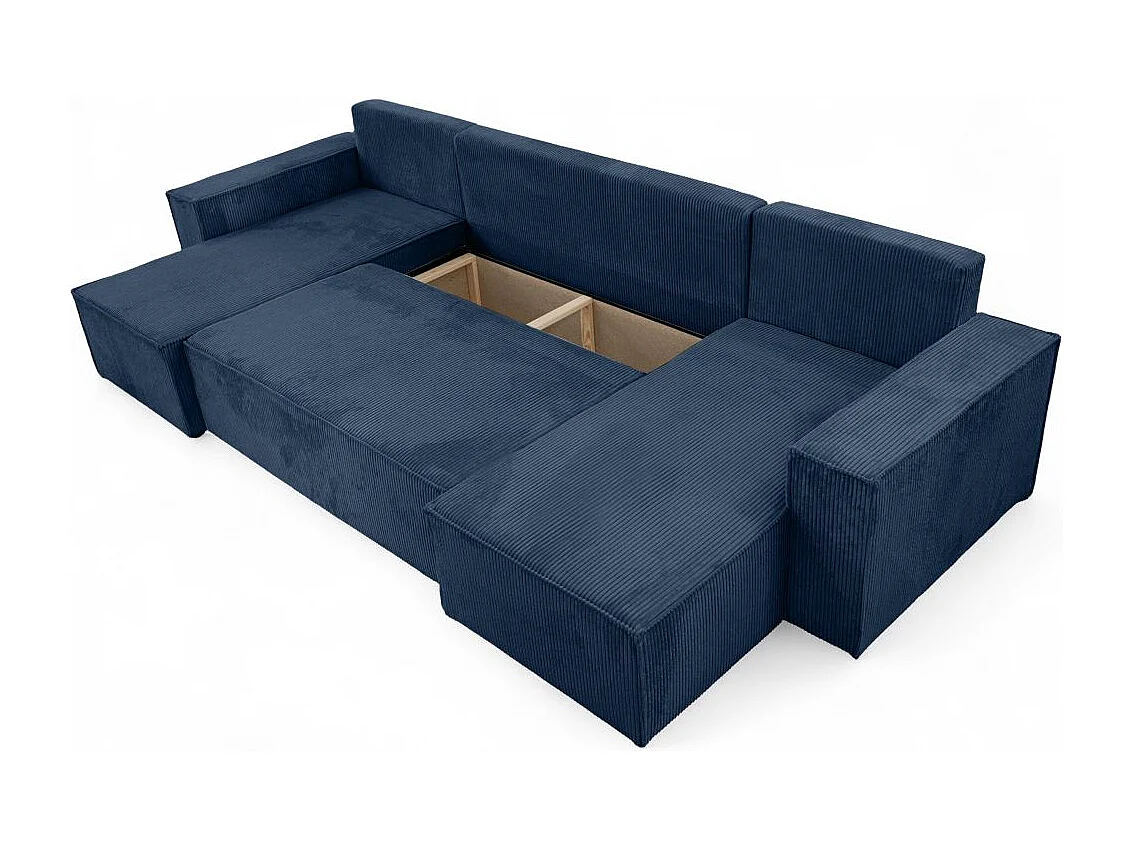 Canapé d'angle FARAH panoramique convertible 6 places en velours côtelé - Bleu foncé