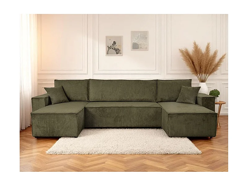 Canapé d'angle FARAH panoramique convertible 6 places en velours côtelé - Vert kaki