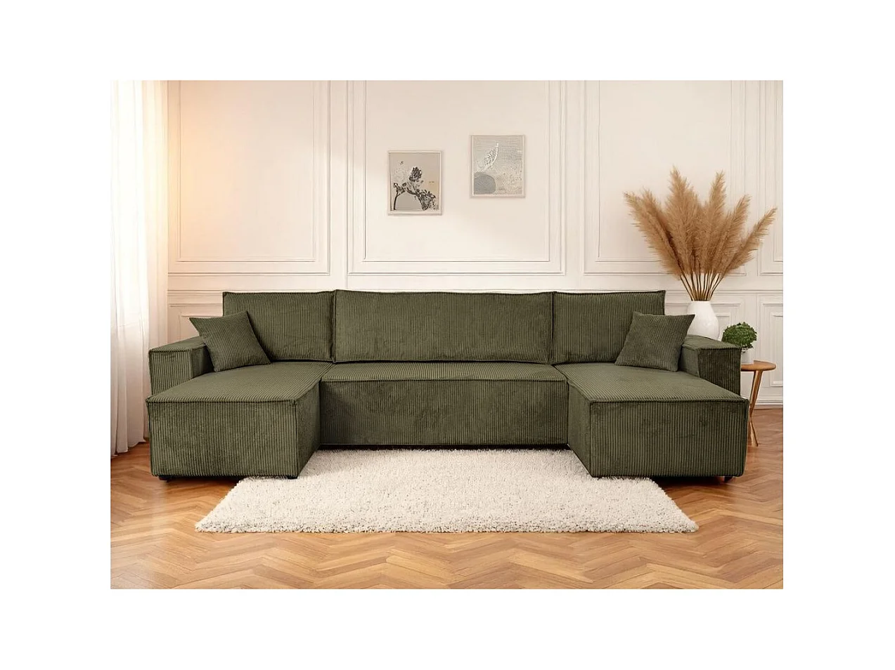 Canapé d'angle FARAH panoramique convertible 6 places en velours côtelé - Vert kaki