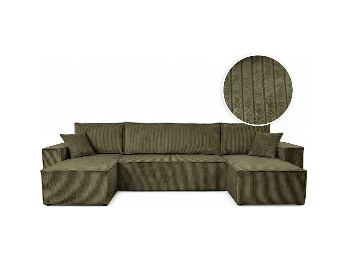 Canapé d'angle FARAH panoramique convertible 6 places en velours côtelé - Vert kaki