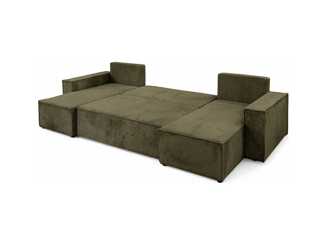 Canapé d'angle FARAH panoramique convertible 6 places en velours côtelé - Vert kaki