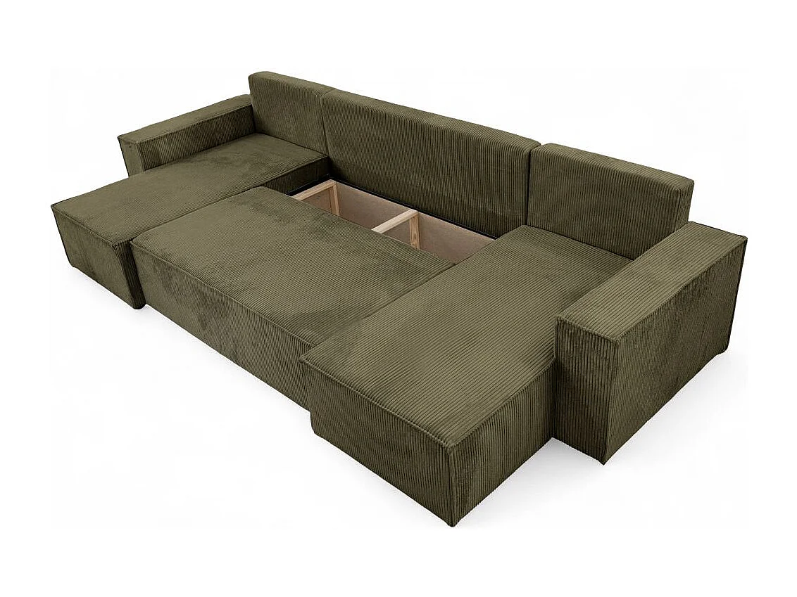 Canapé d'angle FARAH panoramique convertible 6 places en velours côtelé - Vert kaki