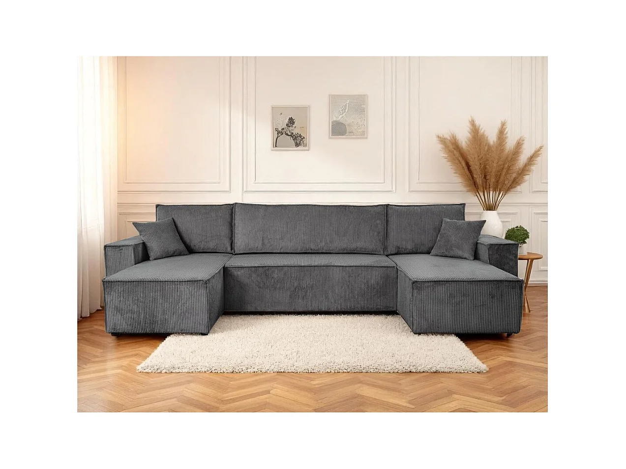 Canapé d'angle FARAH panoramique convertible 6 places en velours côtelé - Gris anthracite