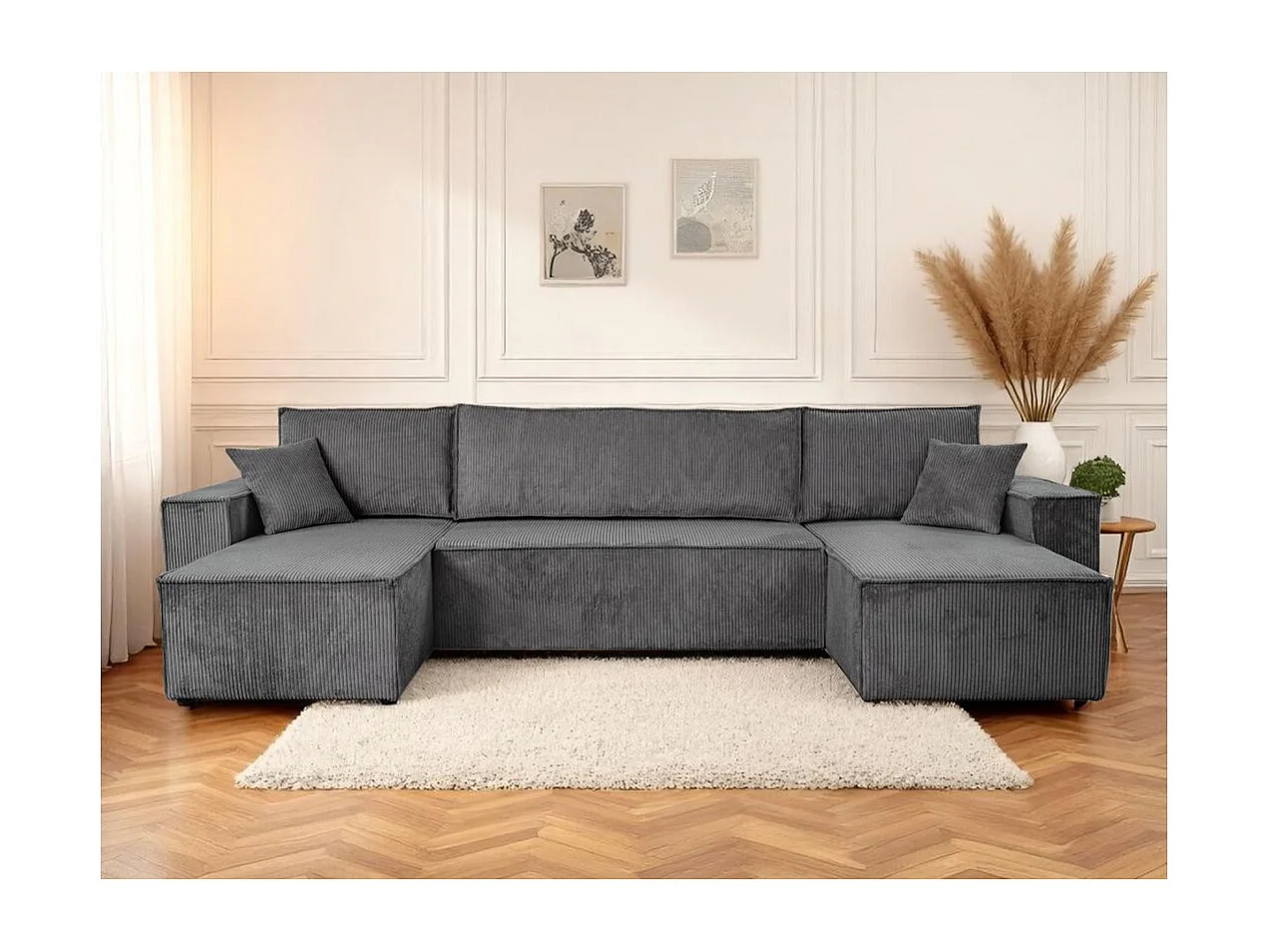 Canapé d'angle FARAH panoramique convertible 6 places en velours côtelé - Gris anthracite