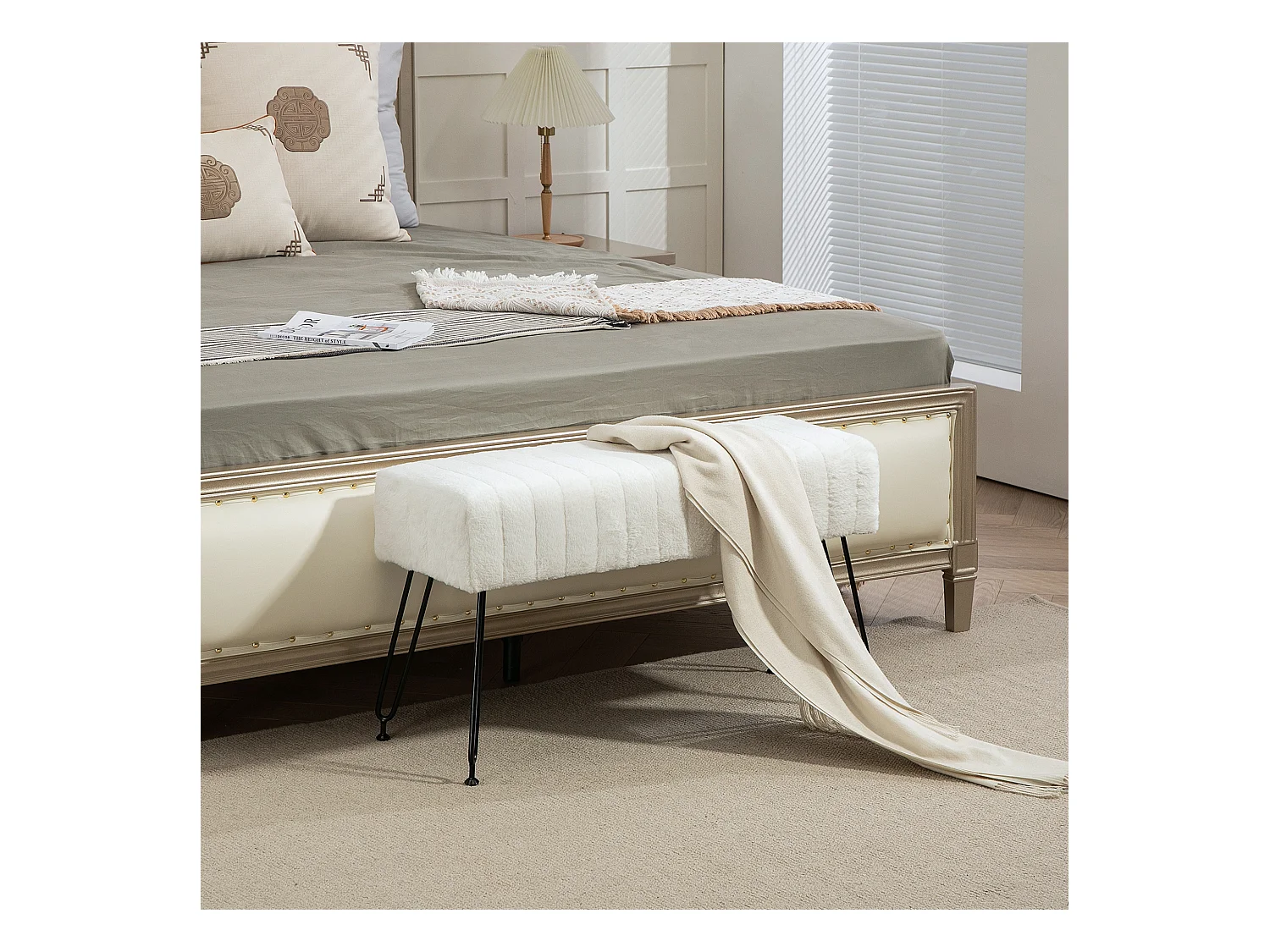 Banc rembourré aspect fausse fourrure 82x30x47cm banc à chaussures avec pieds en métal