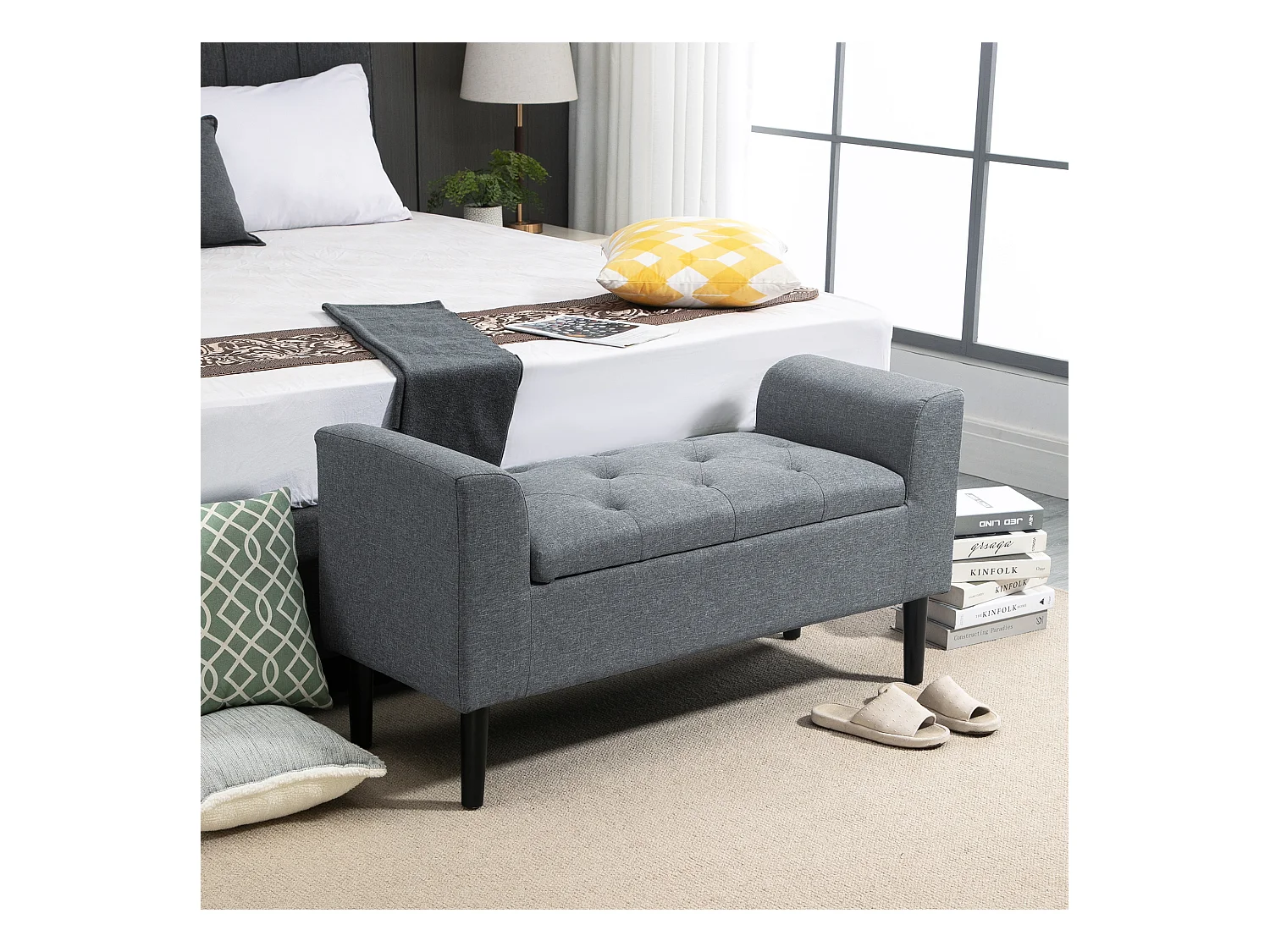 Sitzbank mit Stauraum, Polsterbank mit Leinenoptik, Holzbeine