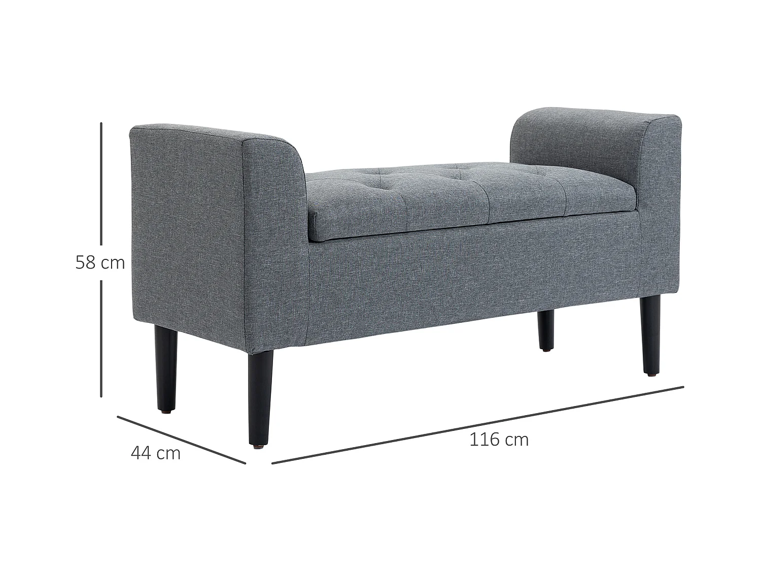Banc avec rangement,banc rembourré aspect lin,pieds en bois,116 x 44 x 58 cm gris clair