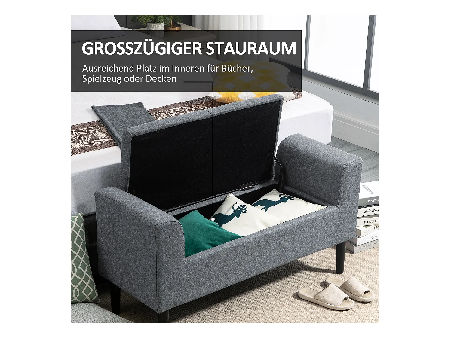 Banc avec rangement,banc rembourré aspect lin,pieds en bois,116 x 44 x 58 cm gris clair