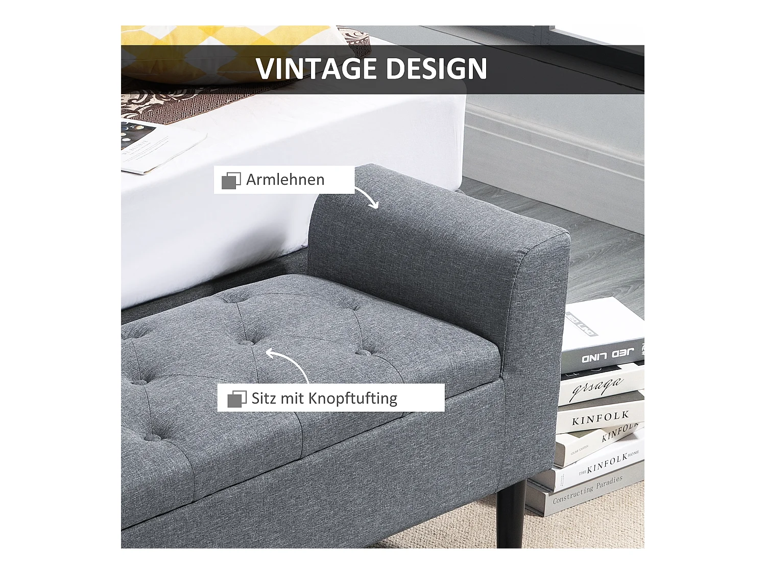 Banc avec rangement,banc rembourré aspect lin,pieds en bois,116 x 44 x 58 cm gris clair