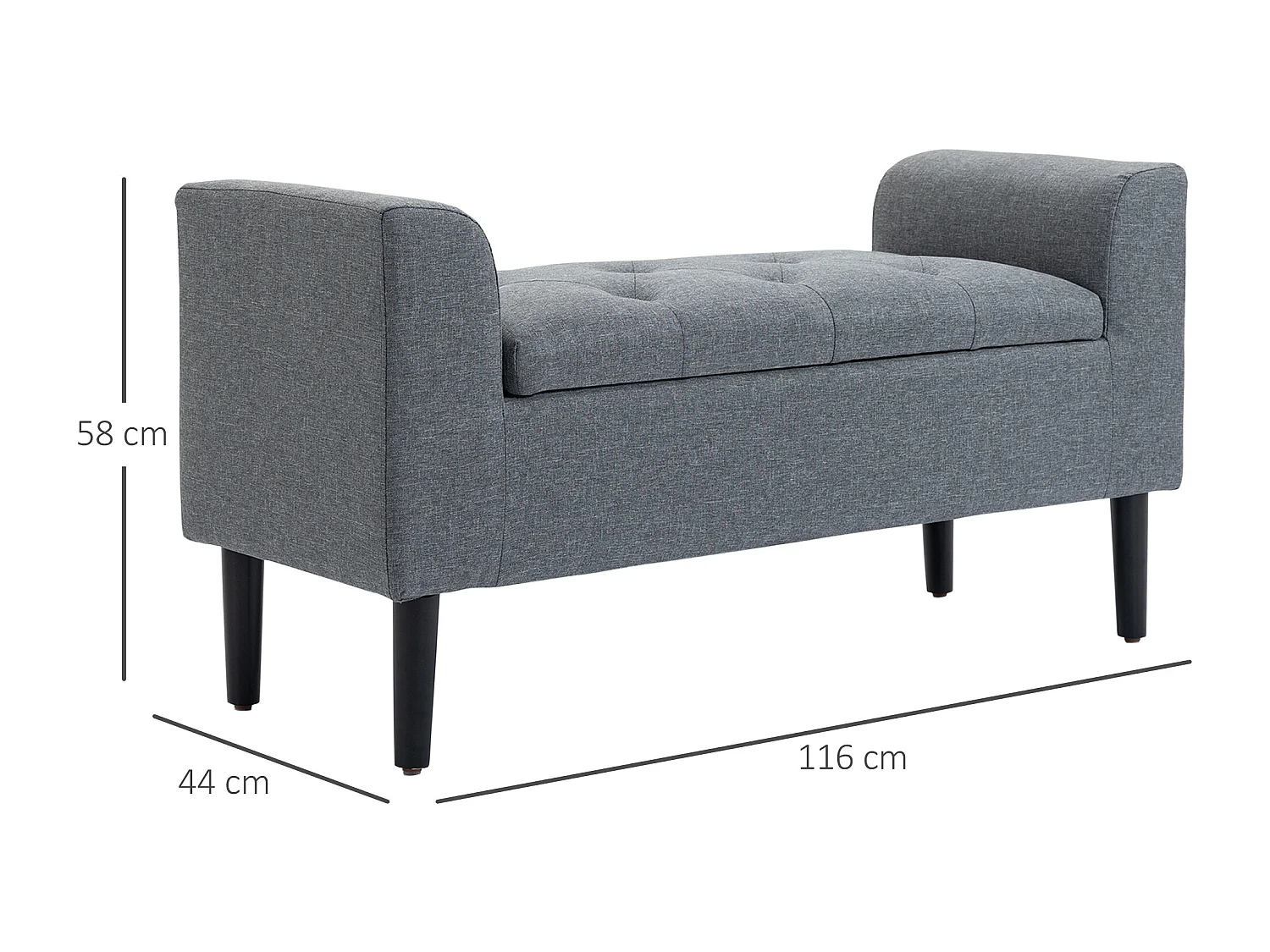 Banc avec rangement,banc rembourré aspect lin,pieds en bois,116 x 44 x 58 cm gris clair