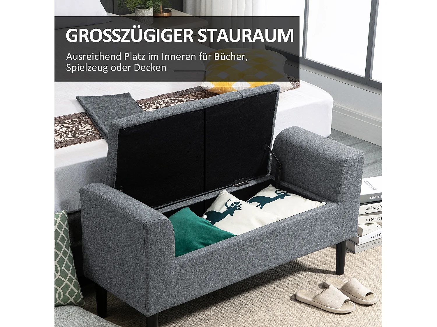 Banc avec rangement,banc rembourré aspect lin,pieds en bois,116 x 44 x 58 cm gris clair