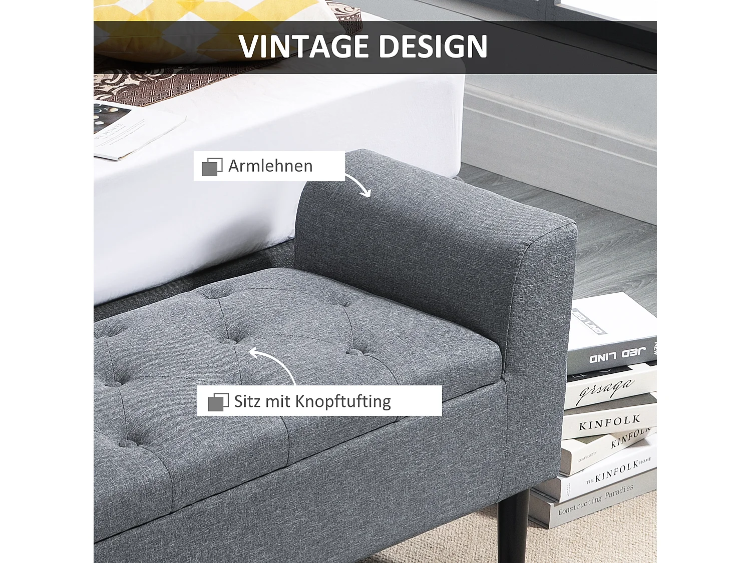 Banc avec rangement,banc rembourré aspect lin,pieds en bois,116 x 44 x 58 cm gris clair