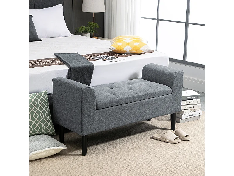Banc avec rangement,banc rembourré aspect lin,pieds en bois,116 x 44 x 58 cm gris clair