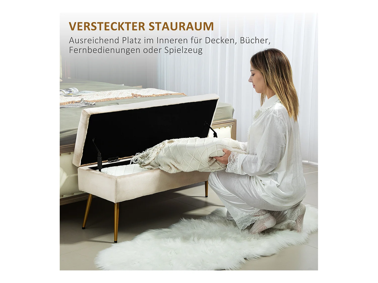 Sitzbank mit Stauraum, Polsterbank mit Deckel, Bettbank mit Samtoptik,102x35x43cm