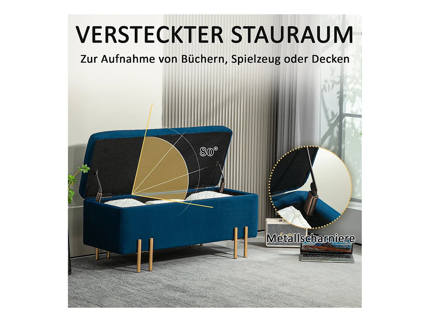 Sitzbank, Polsterbank mit Stauraum, Truhenbank, Stoff, Metall, Gummiholz