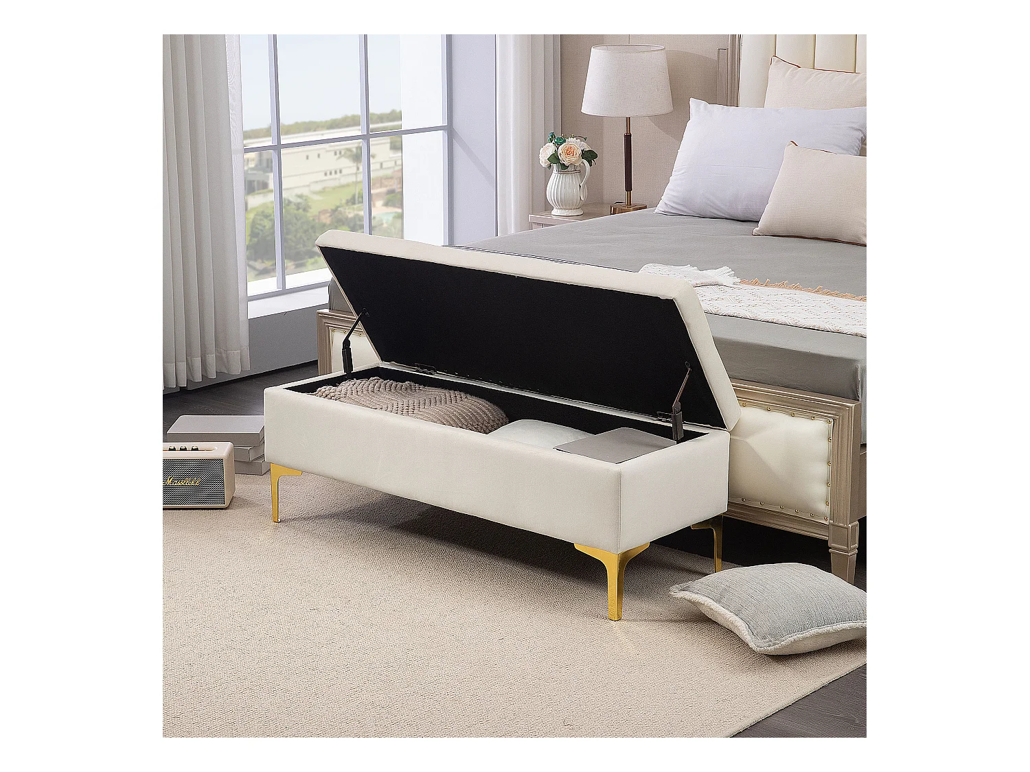 Banc avec rangement,banc rembourré,aspect velours,pieds en métal,banc de lit,120x44x44,5cm