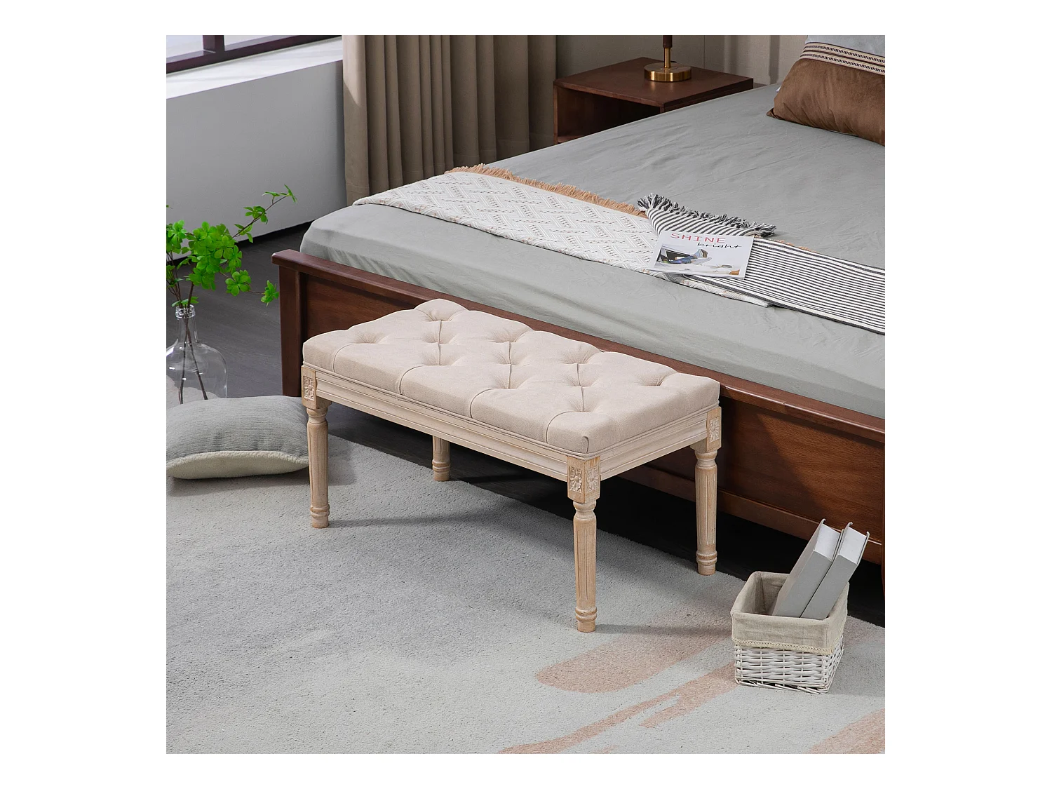 Banc rembourré vintage avec boutons aspect lin capacité de charge jusqu'à 120 kg