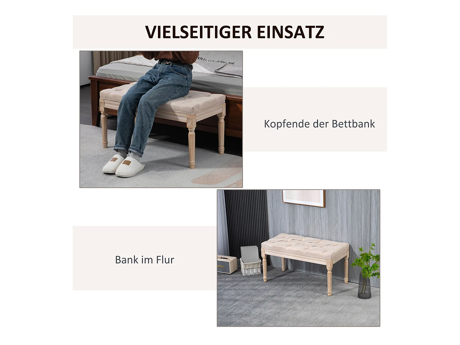 Polsterbank Vintage Sitzbank Flurbank mit Knöpfen Leinenoptik belastbar 80x40x43 cm