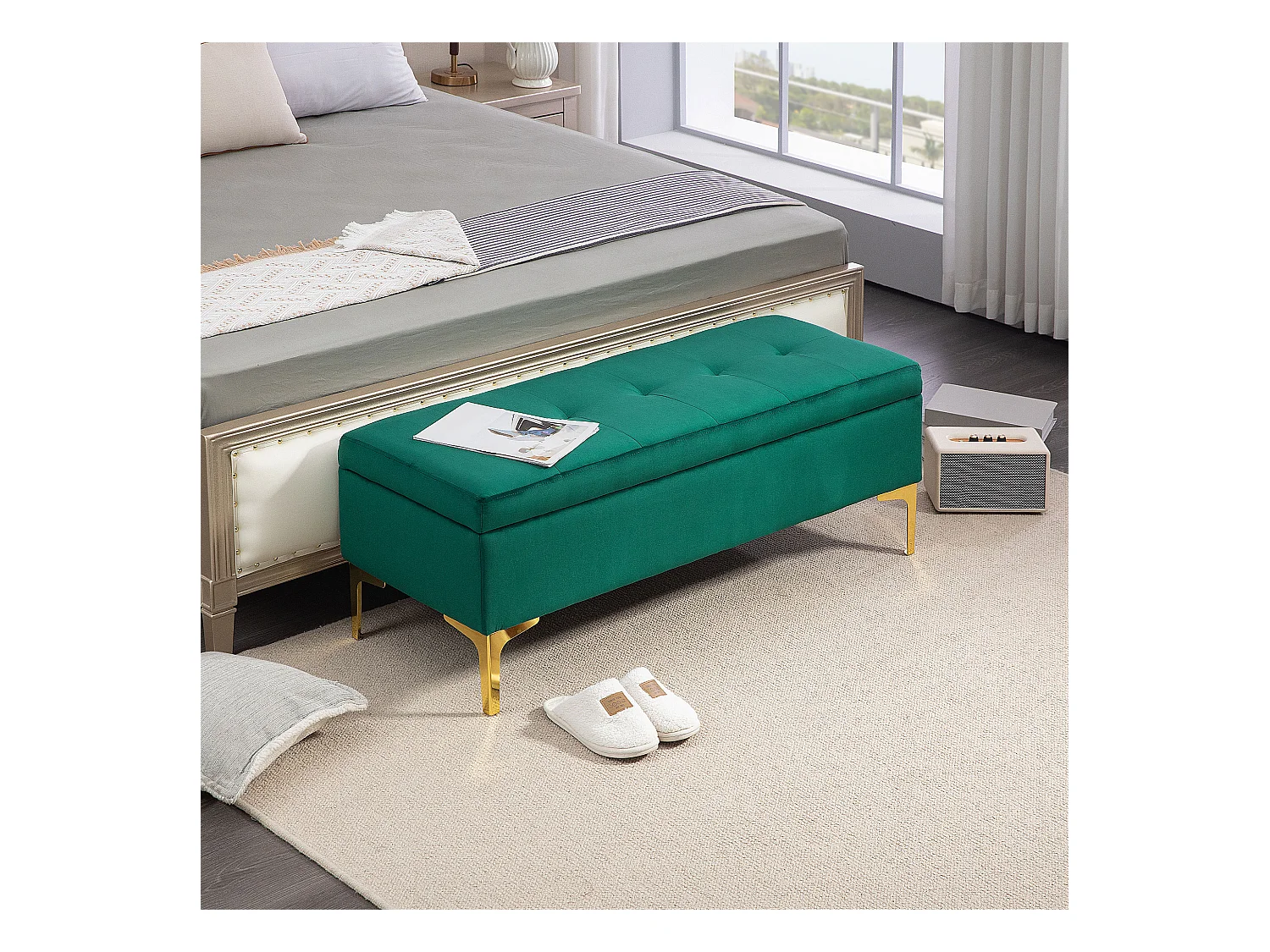 Banc avec rangement,banc rembourré aspect velours 120x44x44,5cm,pieds en métal