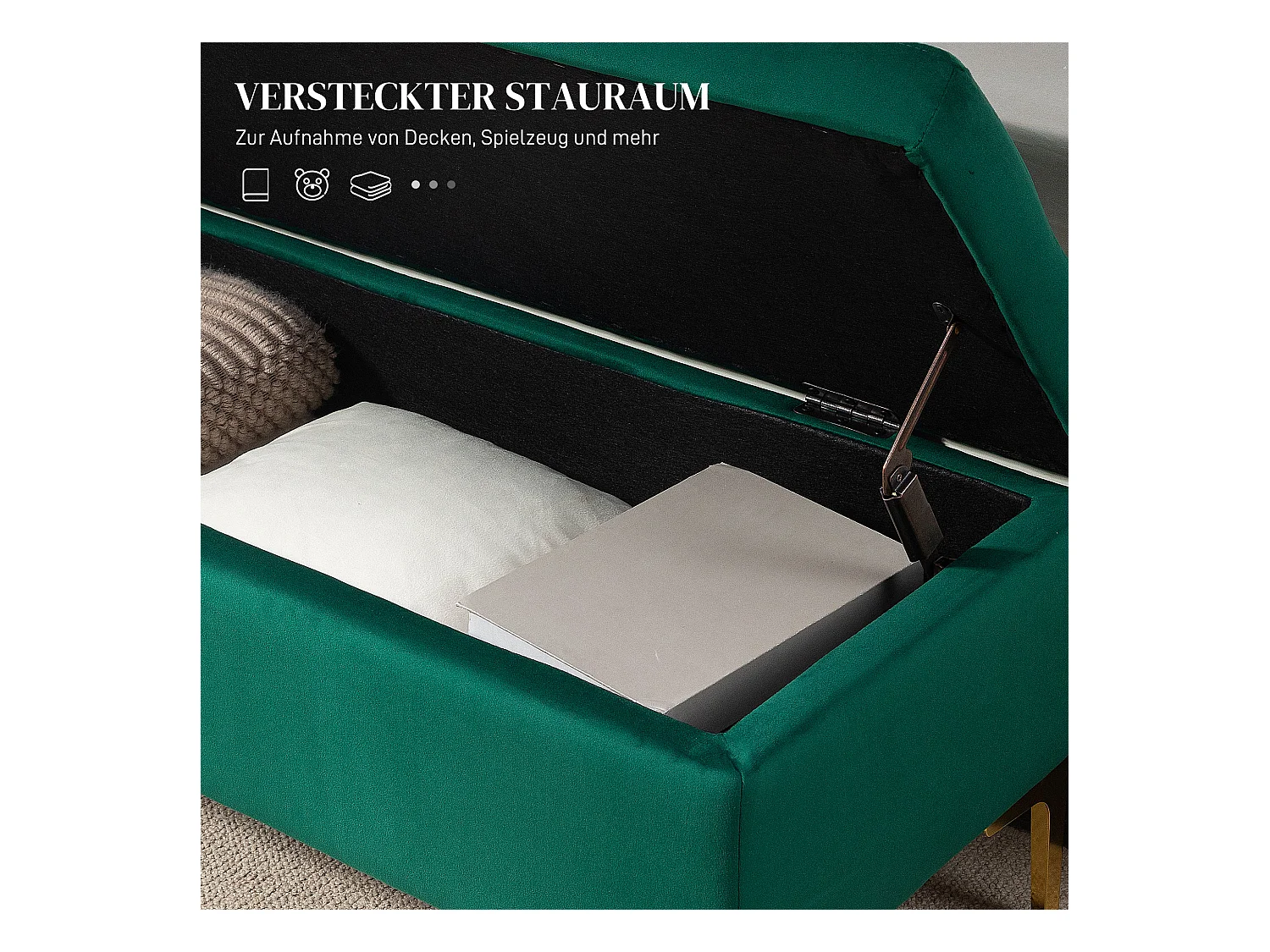 Banc avec rangement,banc rembourré aspect velours 120x44x44,5cm,pieds en métal