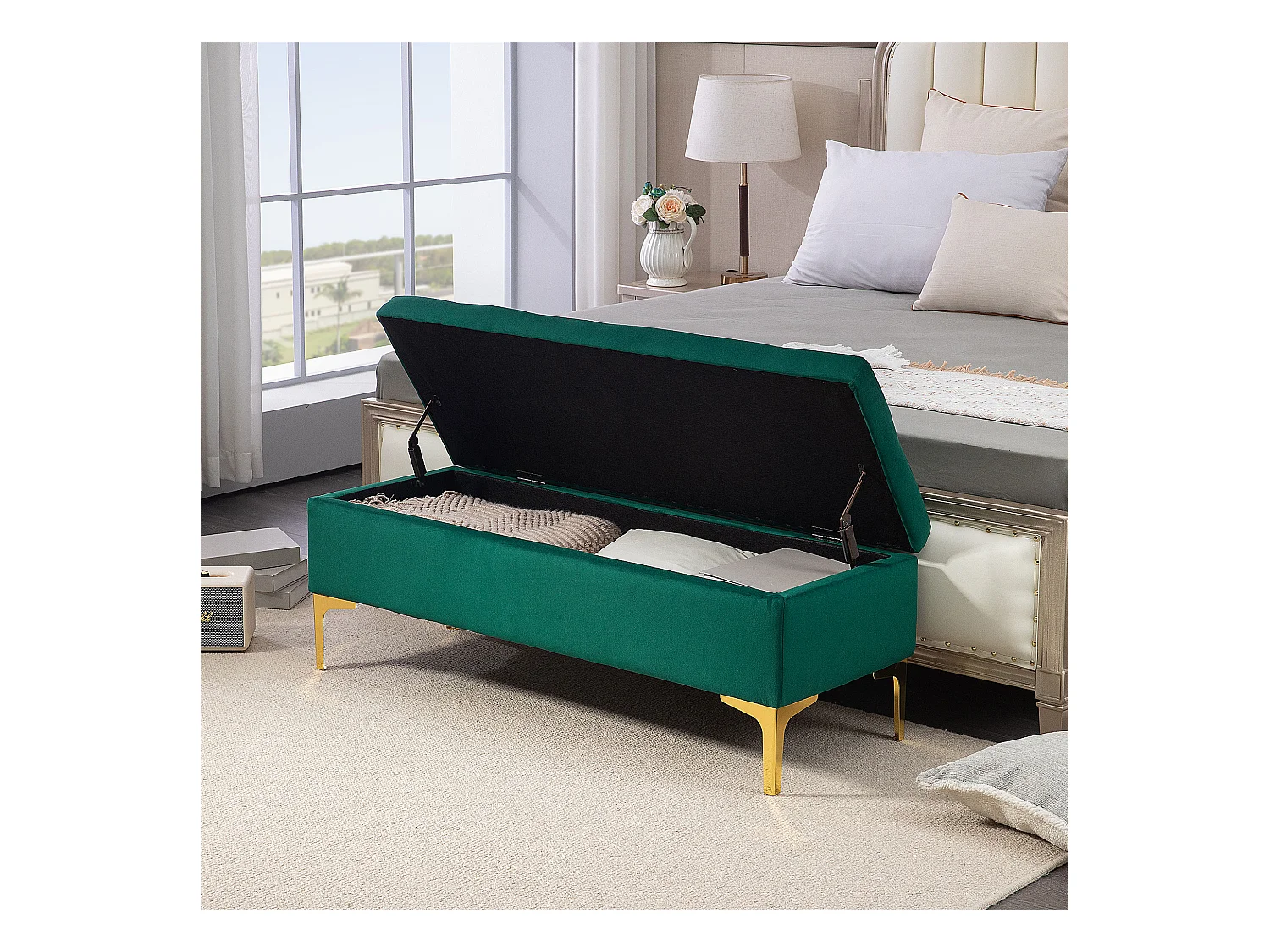 Banc avec rangement,banc rembourré aspect velours 120x44x44,5cm,pieds en métal