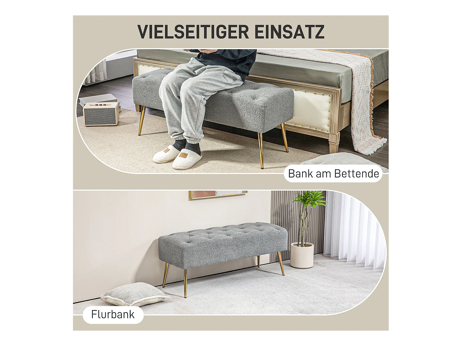 Sitzbank Polsterbank mit Lammwolle-Optik und Knopfheftung