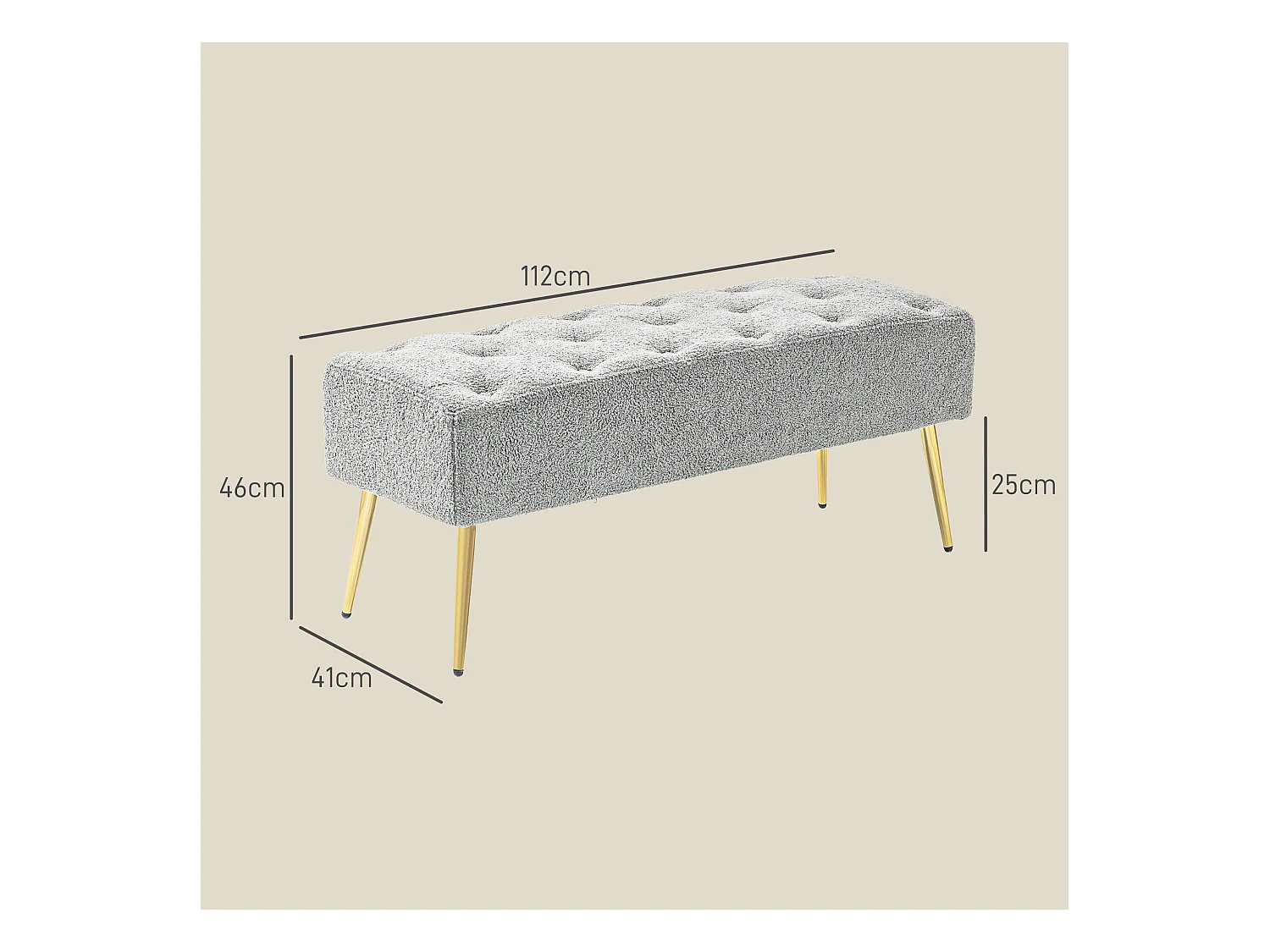 Banc rembourré aspect laine d'agneau et coutures boutonnées,avec pieds en acier robustes