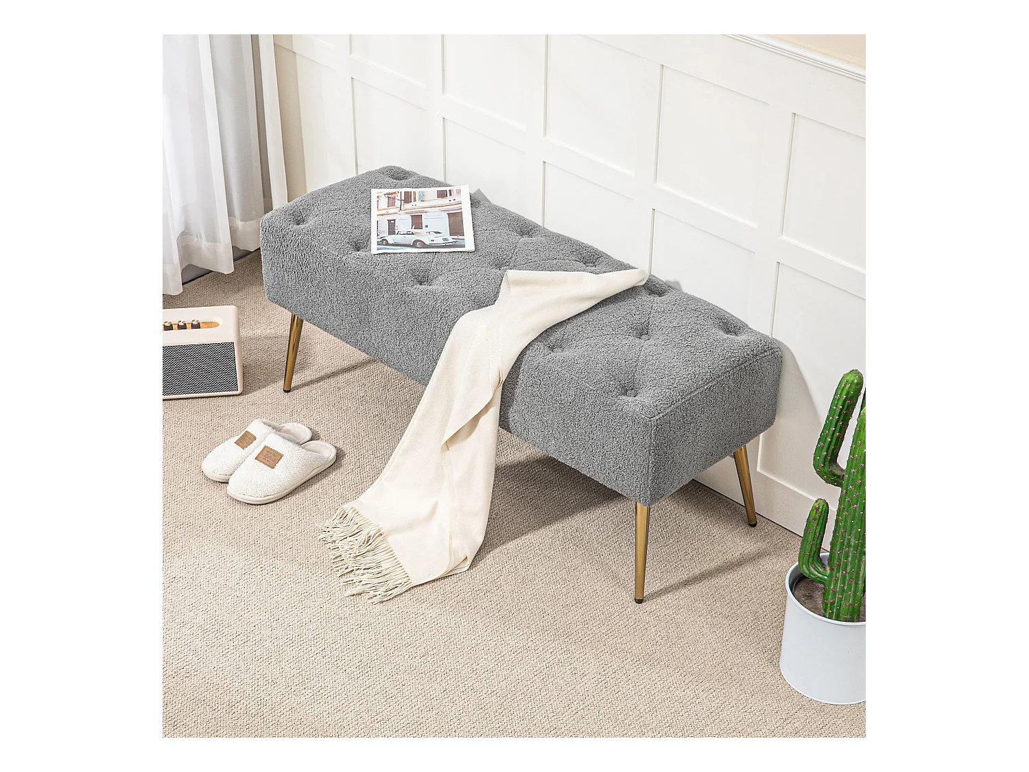 Banc rembourré aspect laine d'agneau et coutures boutonnées,avec pieds en acier robustes