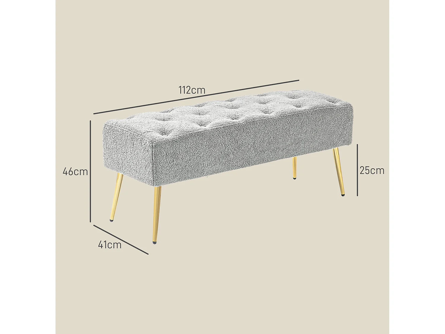 Banc rembourré aspect laine d'agneau et coutures boutonnées,avec pieds en acier robustes
